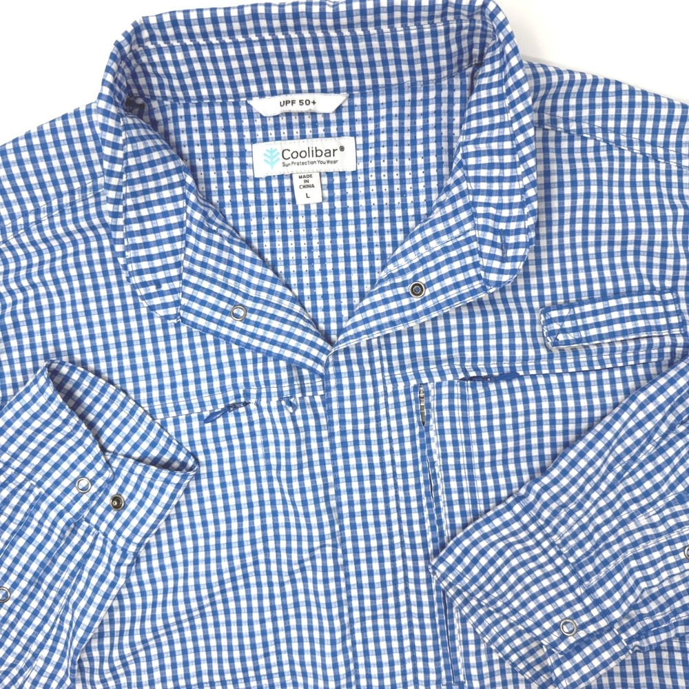 Coolibar Mens UPF‎ 50+ Fishing Shirt Blue White Gingham Long Sleeve Large